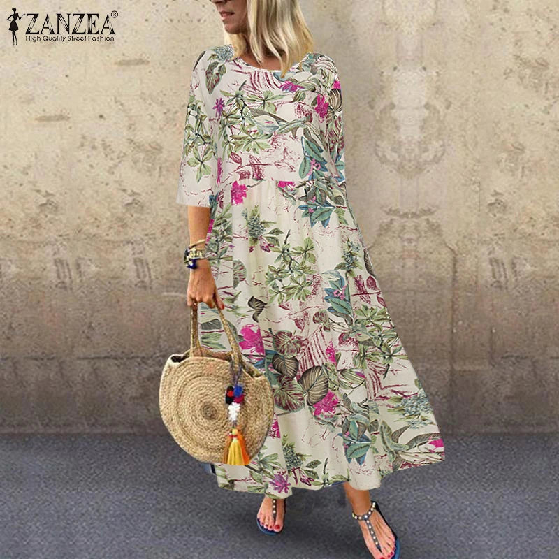 Women's Summer Short Sleeve Sundress ZANZEA Woman Floral Printed Dress Bohemian Elegant Casual Oversized  Holiday Long Dresses