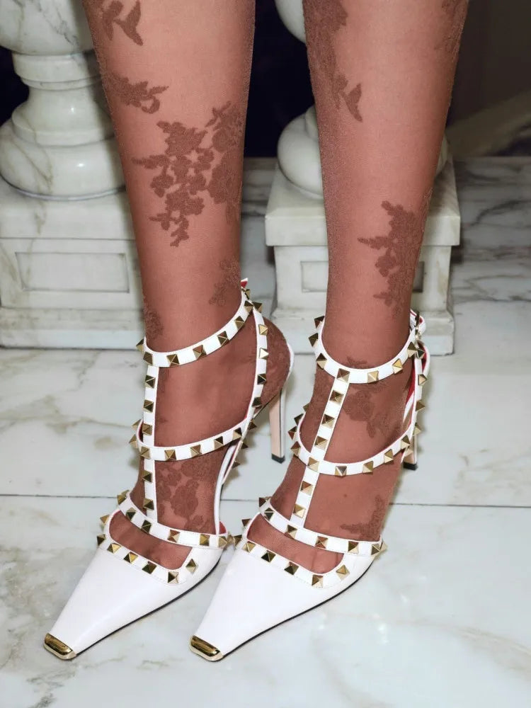Studded High Heel Sandals – T-Strap Pointed Toe Stiletto Party Heels