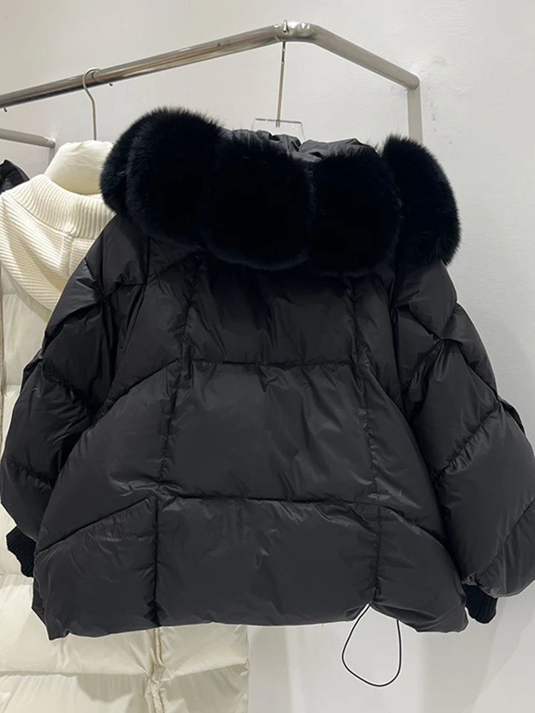 Fur Collar Down Jacket – Hooded Lantern Sleeve Quilted