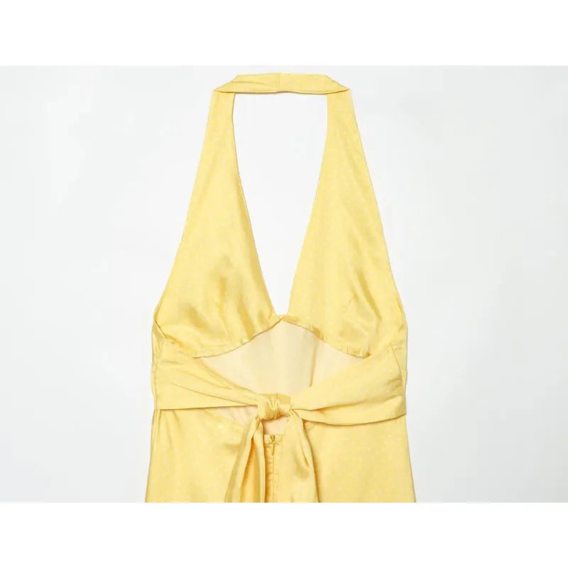 Women's Satin Long Dress New 2026 Summer Fashion Women Polka Dots Sleeveless Halter-Neck Back Bow Dress Female Midi Dresses