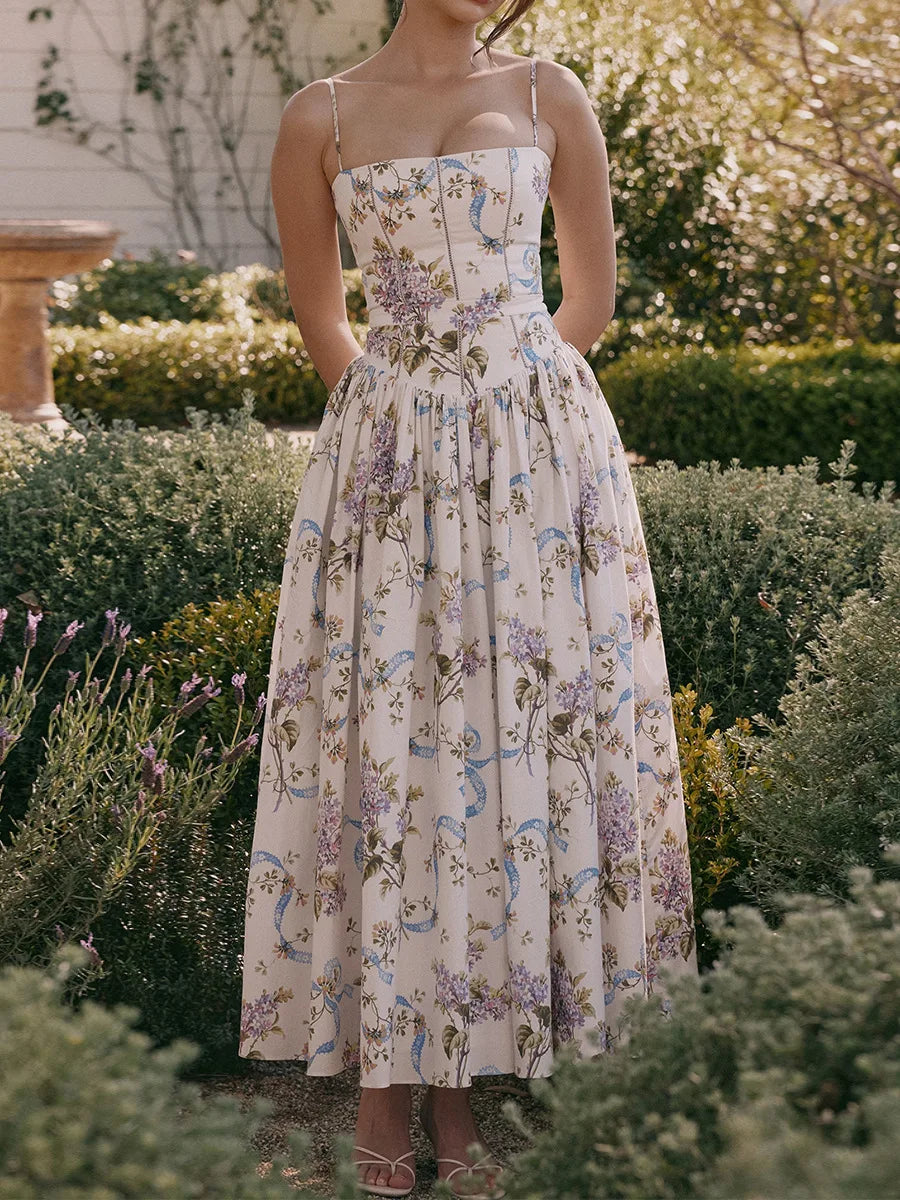 Sexy Floral Long Sun Dress Women's Hollow Out Sundress High Waist Suspenders Maxi Dresses Female 2025 Summer Yellow Festival New