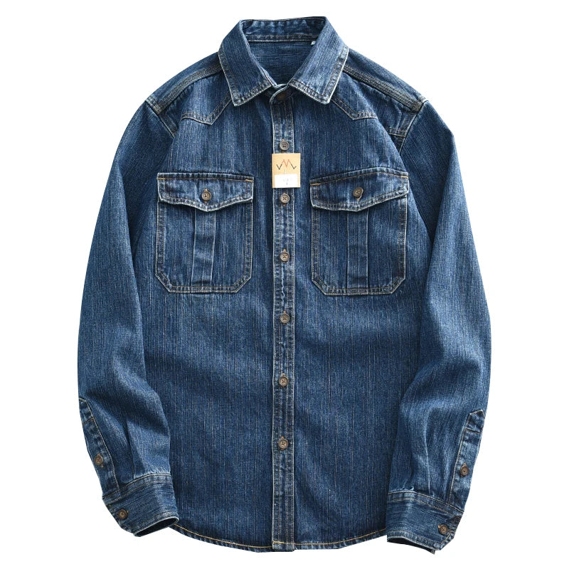 HEAVY DENIM OVERSHIRT - Men's Loose Fit Long Sleeve Cotton Shirt Turn-Down Collar Pockets - Two Colorways