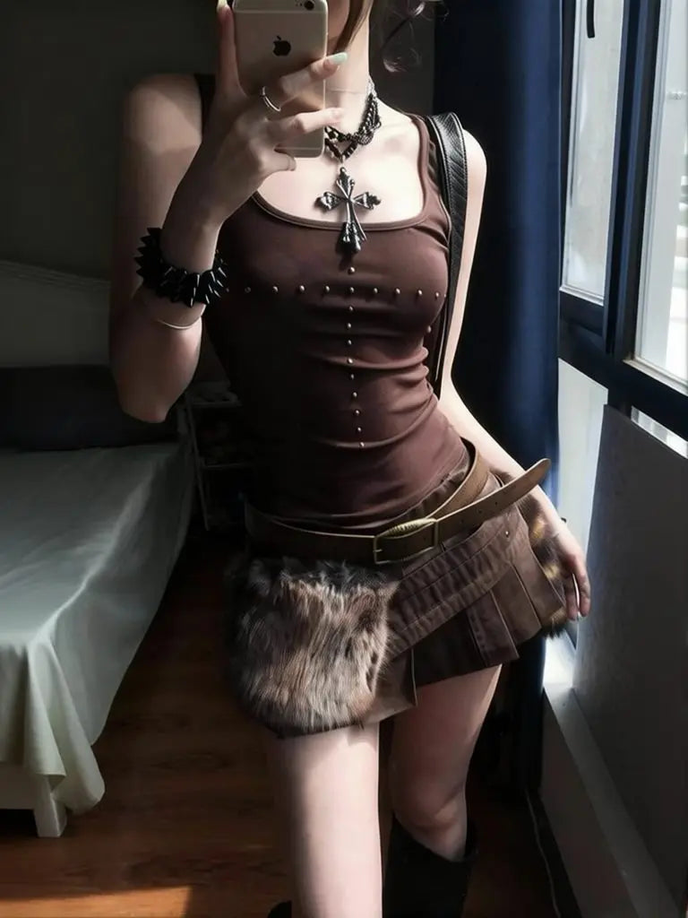 Brown Beading Vintage Clothing Y2k Tank Tops Women 2000s Clothes Fashion Sport Sleeveless T-shirt Slim Fitted Basic Tees