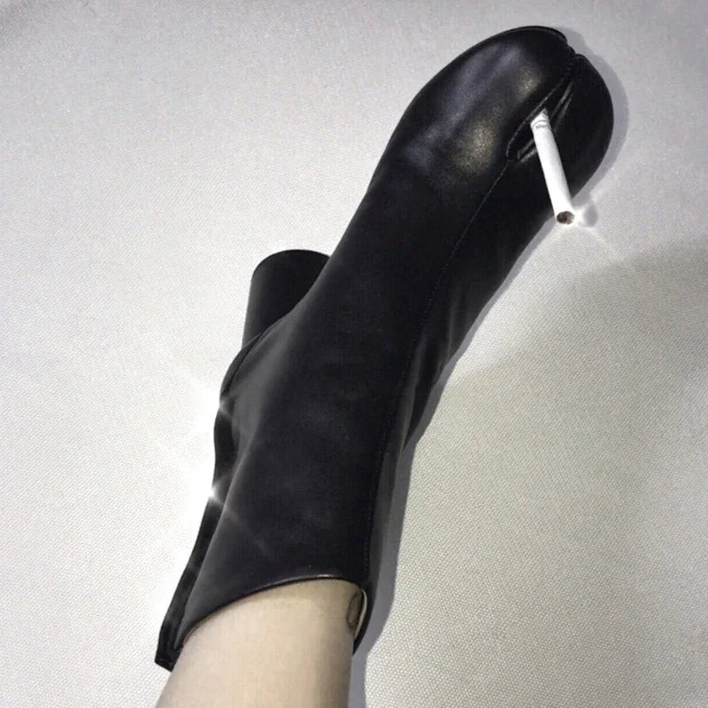 Leather Tabi Boots – Split Toe Chunky Heel Ankle