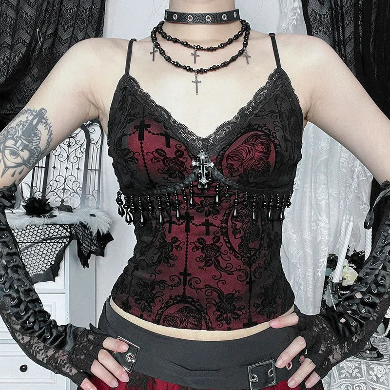 Vintage Mall Gothic Flocking Camisole Women Aesthetic Fairycore Grunge Y2k E-girl Lace Patchwork Beading Crop Tank Tops