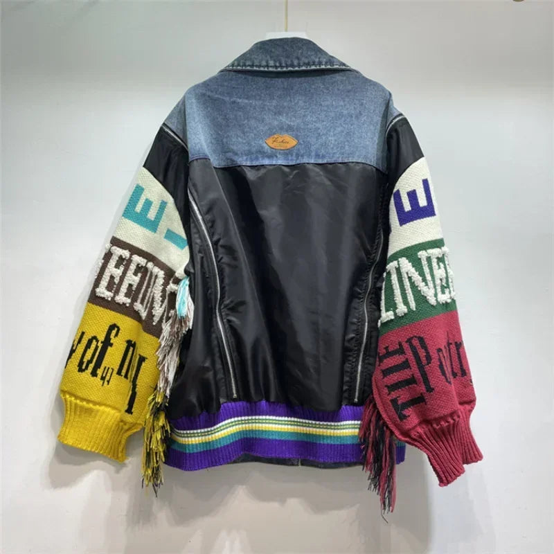 Embroidered Denim Jacket - Knitted Sleeves & Tassels