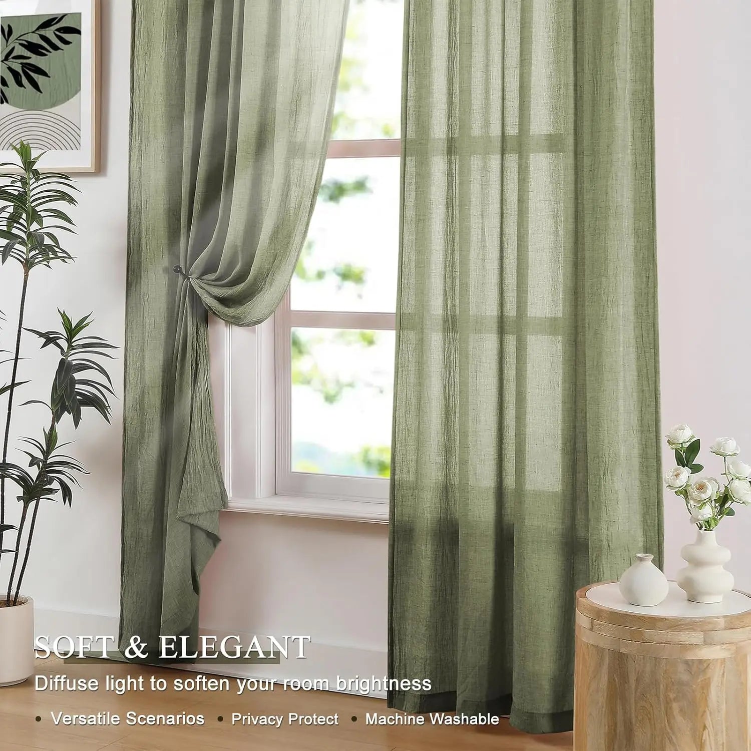 SAGE GREEN SHEER CURTAINS - Crinkled Voile Panel - Soft Light, Natural Calm