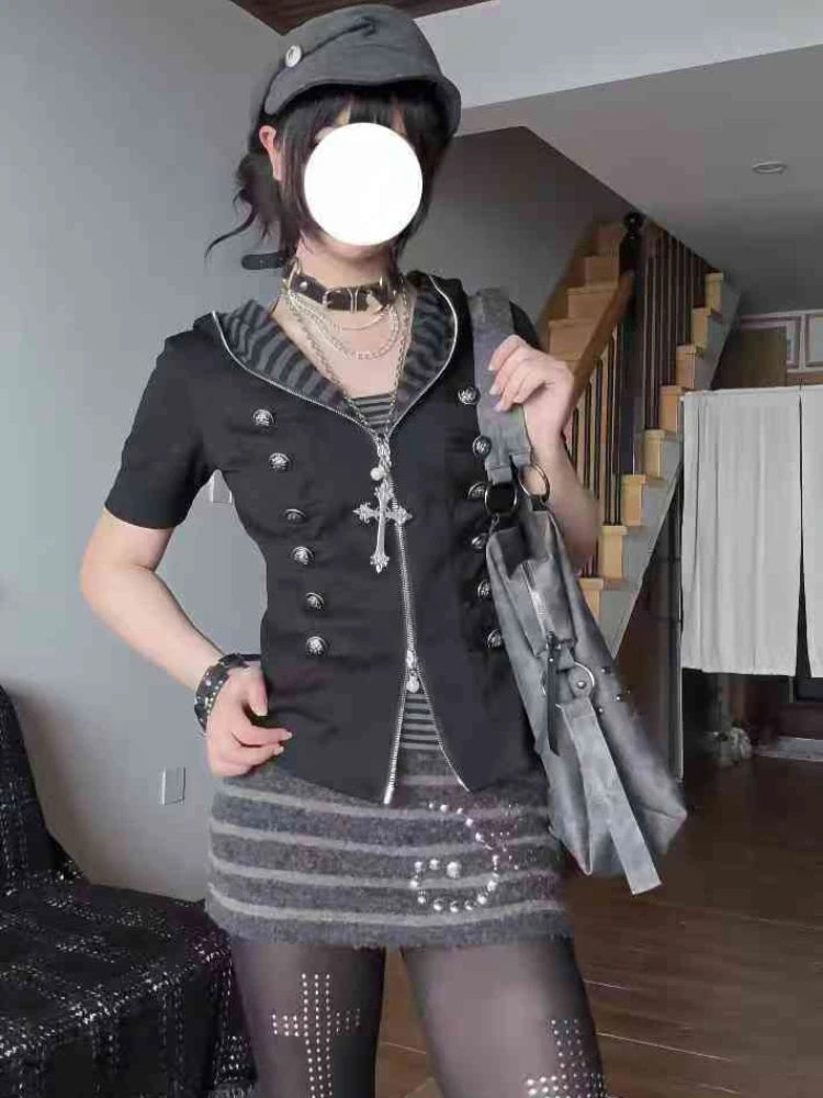 Subculture Summer Gothic Slim Stripe Short Sleeve Hooded T-Shirts Women's Spicy Girls Y2k Casual Black Vintage Zipper T-Shirts