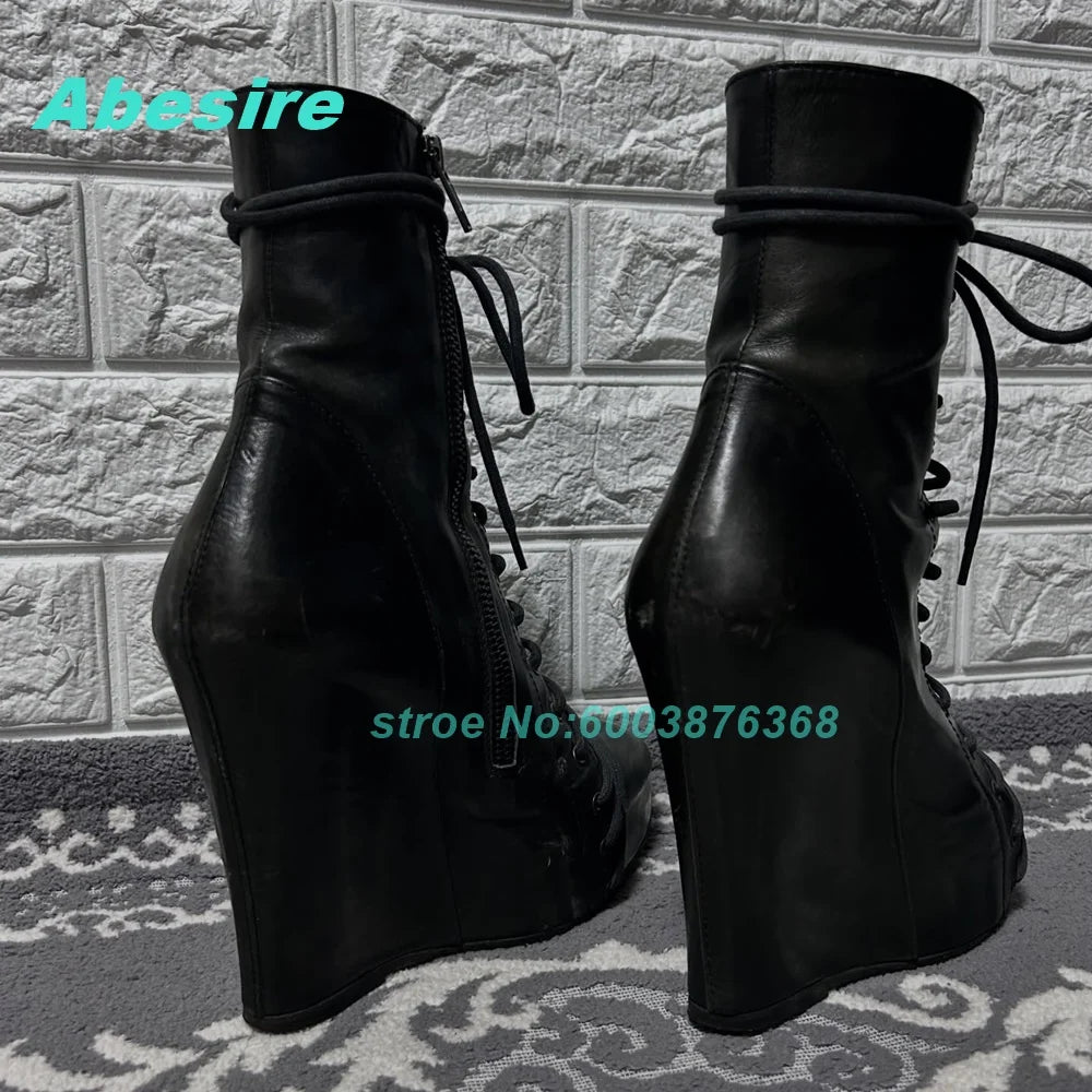 Patchwork Matte Leather Ankle Boots - Wedge Platform