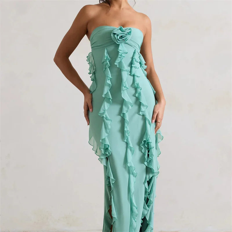 Mint green strapless 3D floral slit evening dress, fitted bodycon dress for dates, vacations, and parties