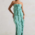 Mint green strapless 3D floral slit evening dress, fitted bodycon dress for dates, vacations, and parties
