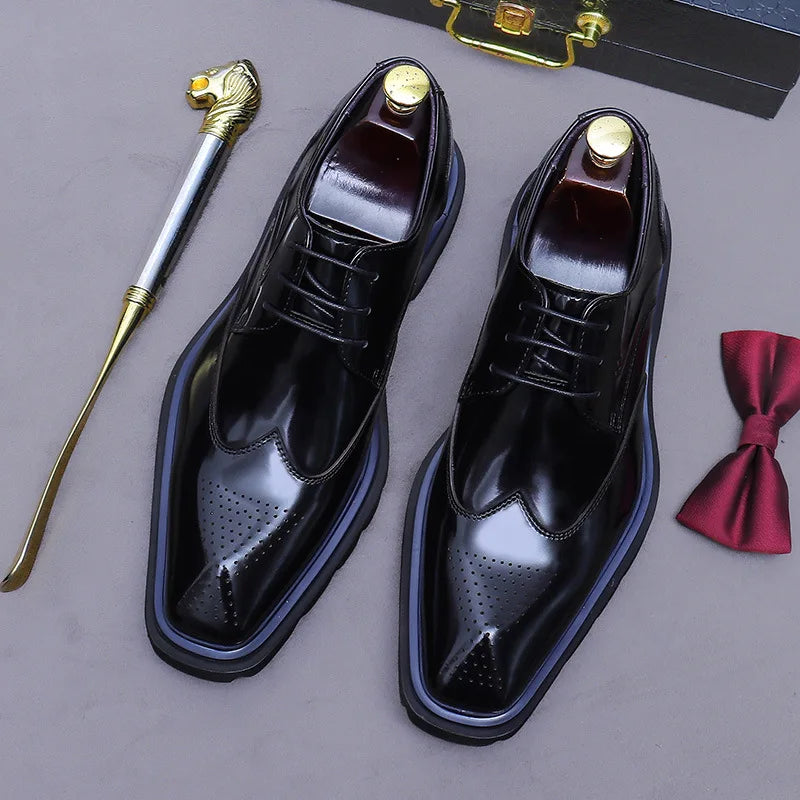 BURGUNDY WING - Men's Patent Leather Wingtip Brogue Derby Shoes - Thick Sole, Non-Slip Office Footwear
