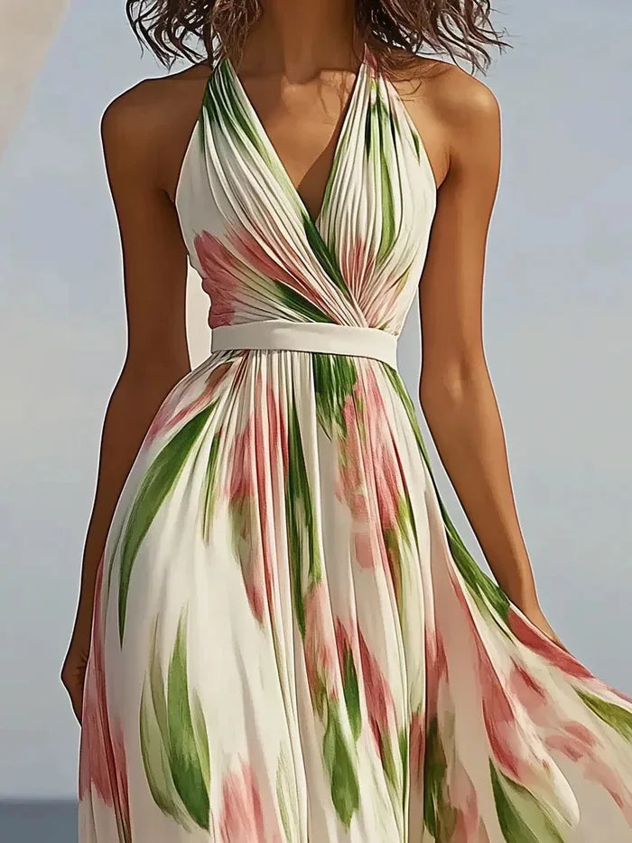 2026 European and American Fashion Sleeveless V-neck Digital Printed Belt Long Skirt Dress