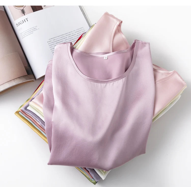 100% Mulberry Silk 19 Momme Charmeuse Silk Women Tank Top T-shirt Short Sleeve Shirt Blouse Solid Colors Summer M L XL AA4270