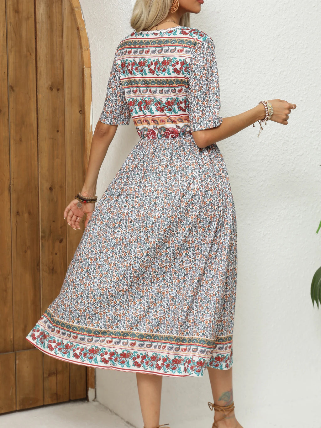 2024 Europe and America autumn ladies round neck short sleeve long skirt Bohemian print dress woman