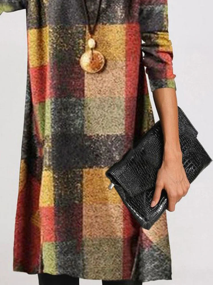 Vintage High Neck Long Sleeve Dresses Plaid Thick French Style Elegant Office Commuting Cashwool Frock Ladies Dress Costume