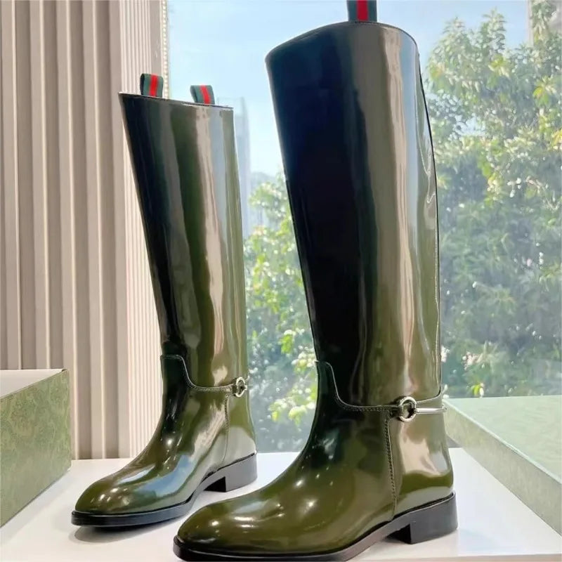 Patent Leather Slip-On Knee-High Boots – Low Heel