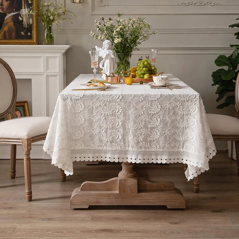 WHITE LACE TABLECLOTH - Cotton Floral Embroidery - Elegant Tables