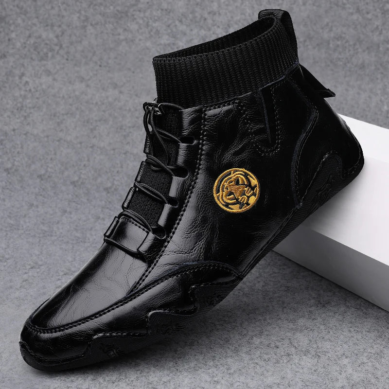 Men's Genuine Leather Ankle Boots - Elastic Band Round Toe Business Casual Handmade