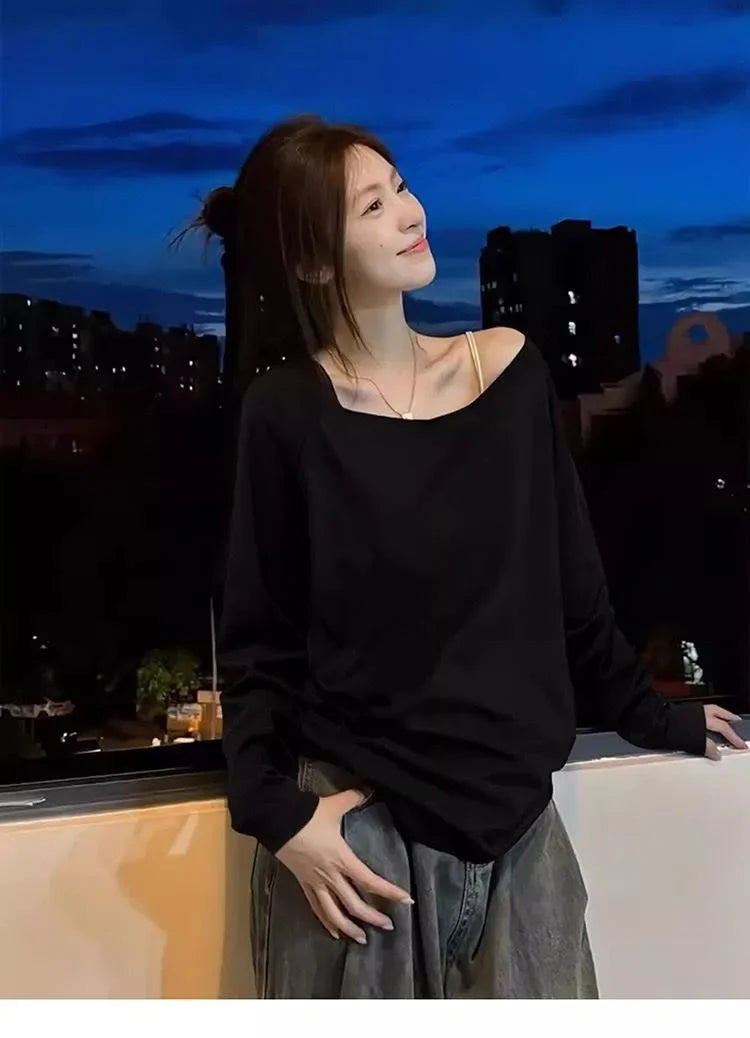 Autumn Winter One Shoulder Cotton Long Sleeve Slant Shoulder Women's Clothing Style Interior Wide Truffle Shoulder Base Shirt