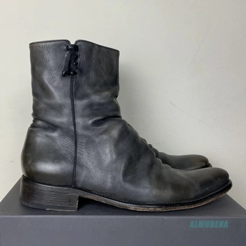 WRINKLE NOIR - Men's Vintage Black Leather Ankle Boots - Side Zipper, Round Toe, Low Heel