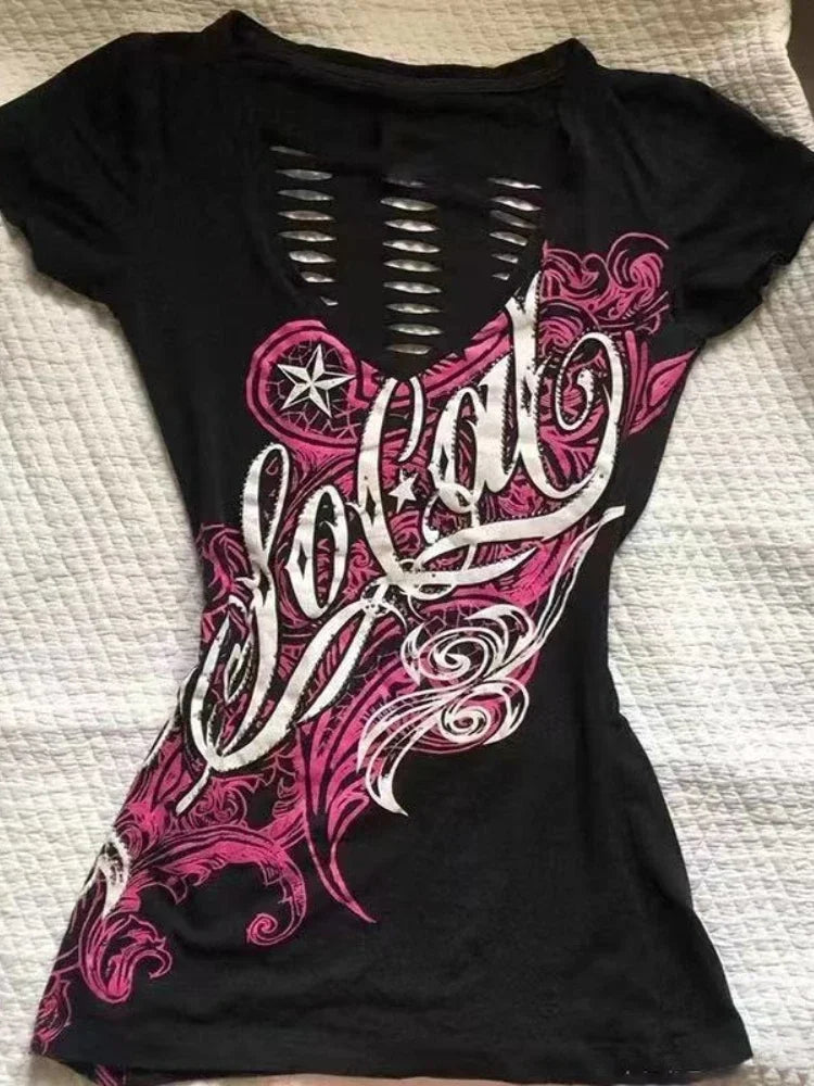 Gothic Subculture Skull Graphic Print T-Shirts Women Y2k Vintage High Street Short Sleeve Tees Harajuku Punk Grunge Fashion Tops