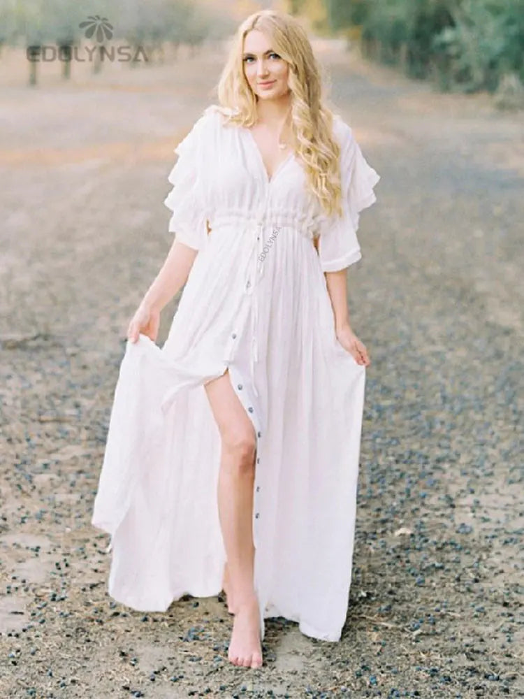 Sexy Deep V-neck Butterfly Sleeve Self Belted High Waist Button Front Open Summer Beach Dress WhiteTunic Women Beachwear Q1208