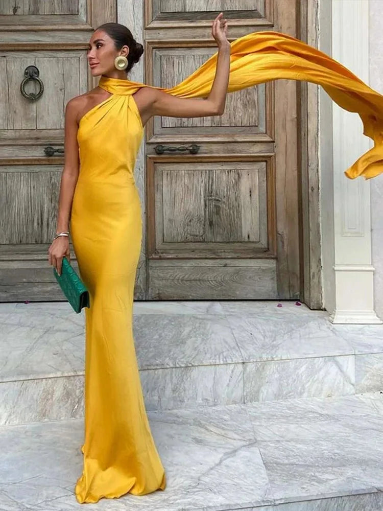 Satin Ribbon Halter Long Dresses Women's Backless Casual Maxi Dress Evening Wedding Guest White Blue Green Summer Graduation New