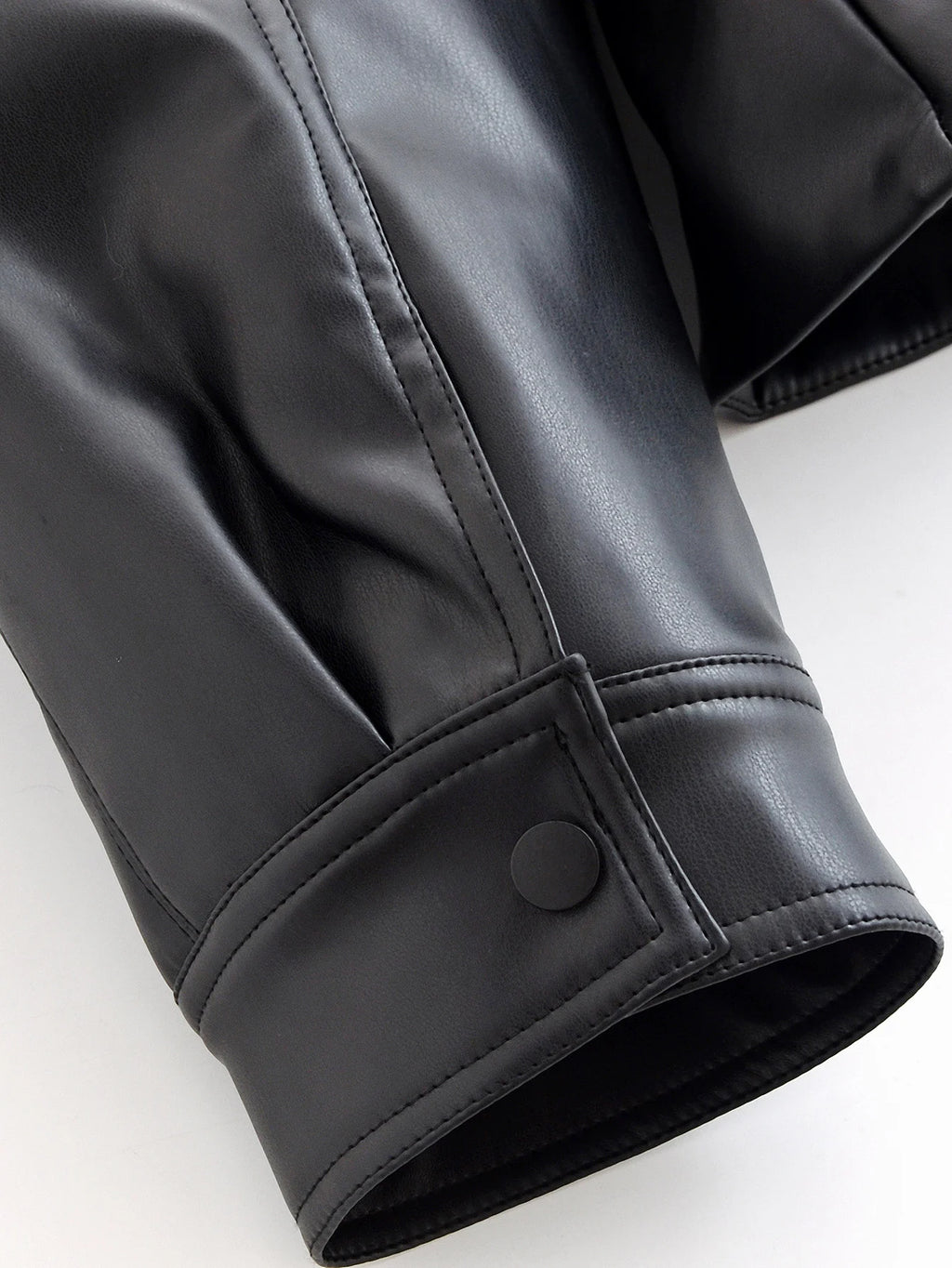 HH Women Fashion Black Short Faux Leather Trench Coat Long Sleeve Lapel Jacket With Belt Vintage Lady Motorcycle Jacket Outwear