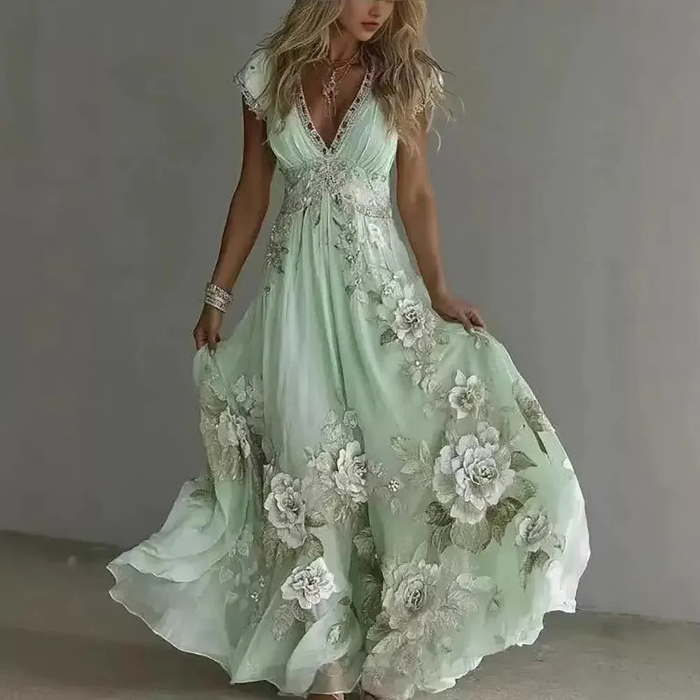 3d Pattern Women Summer Dress Floral Maxi Dress Short Sleeve V Neck A-line Swing Vestidos Floral Printed Beach Vacation Sundress