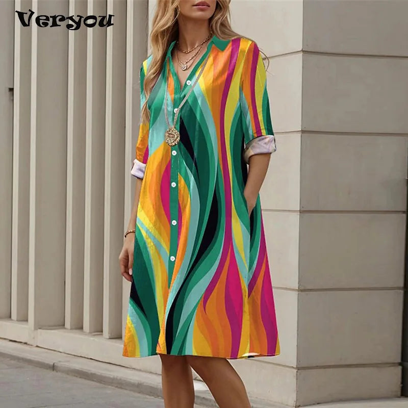 Printed Shirt Dress – V-Neck Button-Down