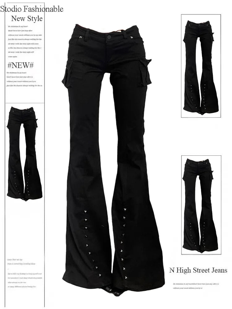 Goth Cargo Flare Jeans - Low Rise Studded Black Y2K