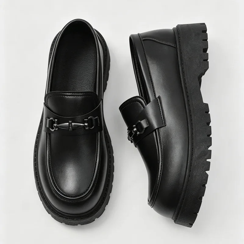SLIP CHIEF - Men's Height-Increase Slip-On Loafers - Waterproof Split Leather Business Casual Shoes in Black & Bright Black