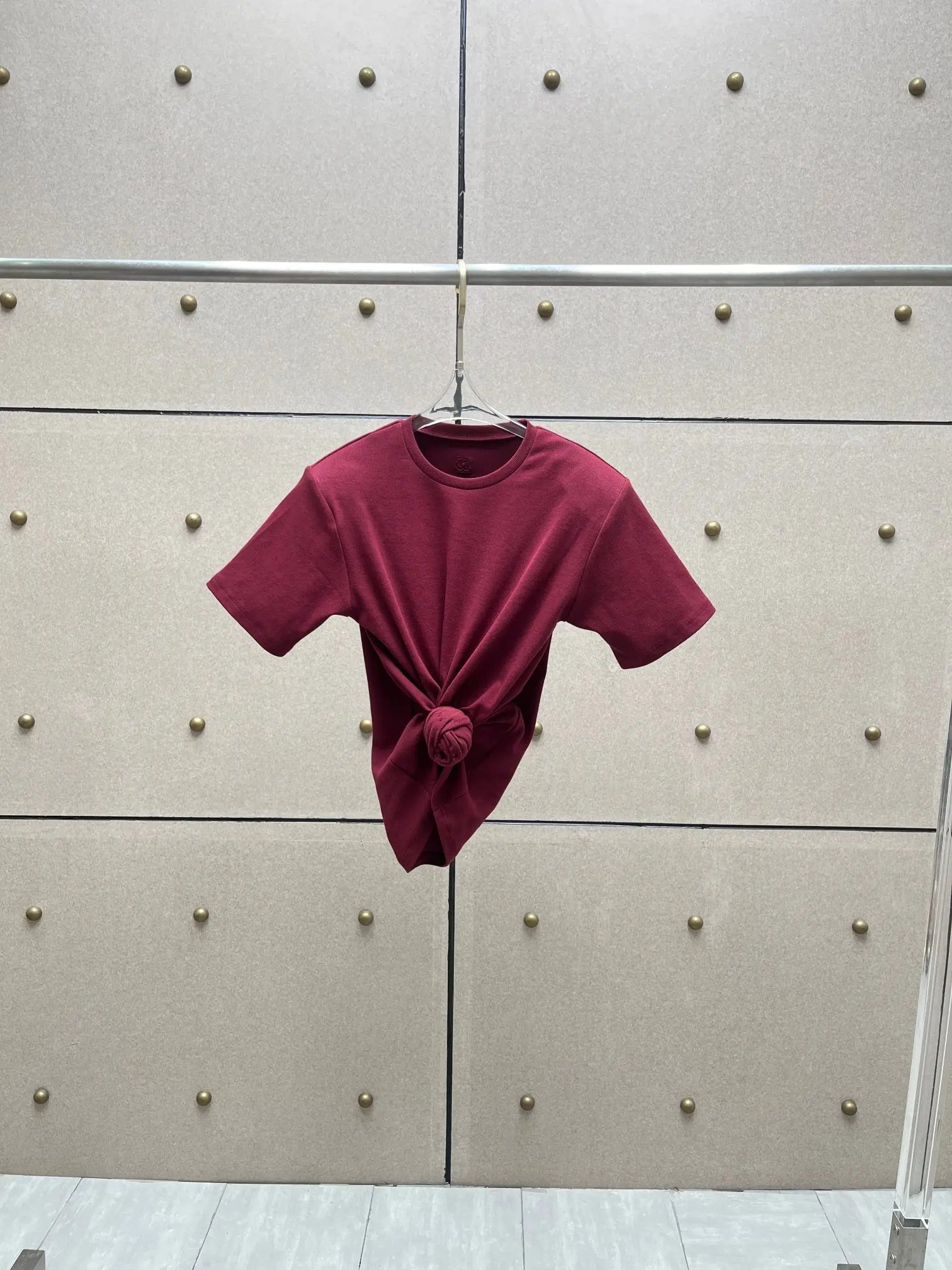 Y2K knotted twist knitted threaded round neck Top women fashionable and versatile navel padded shoulder short-sleeved T-shirt
