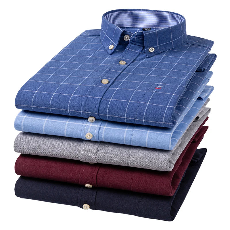 100% Cotton Oxford Men Shirts Long Sleeves Plaid Soft Regular Fit Formal Dress Shirt Pocket Social Blouse Male Clothes S-7XL