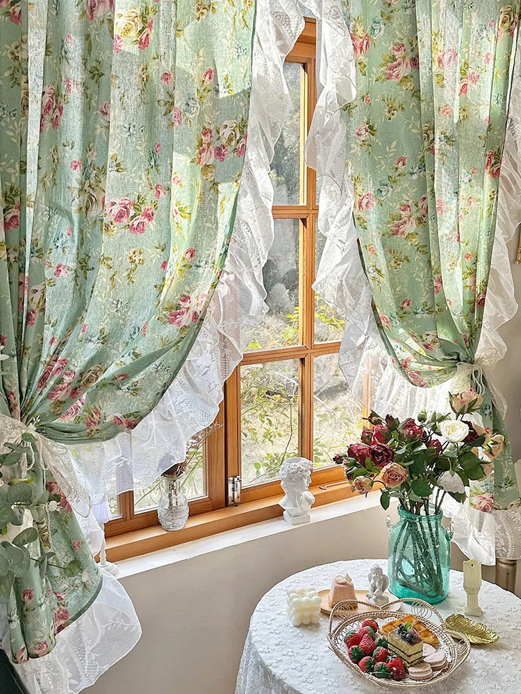 American Pastoral Style Curtain Linen-Cotton Kitchen Door Curtains Floral Pattern Cafe Living Room Window Half Curtain Decor