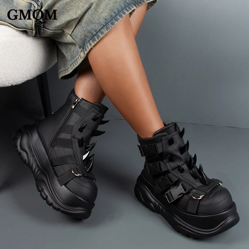 Y2K Gothic Patent Ankle Boots – Metal Decor Platform