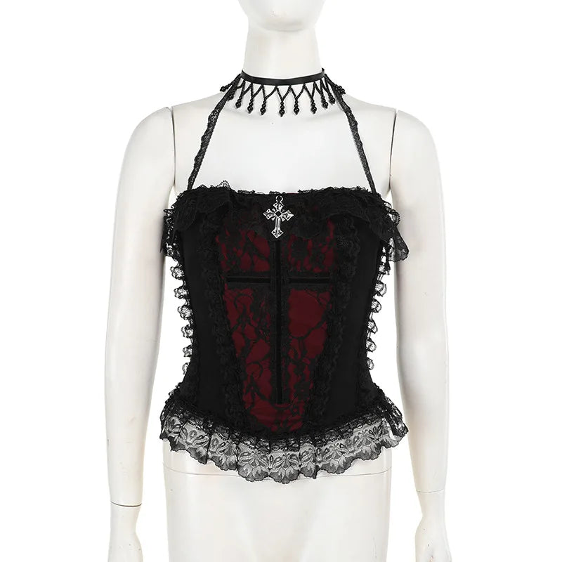Unholy Lace Halter - Black Goth Corset Top With Cross And Red Velvet