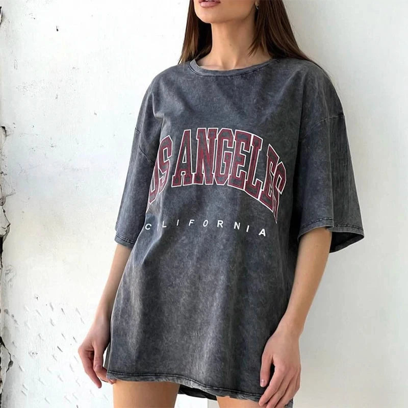 Women Leopard Letter Printed Washed T-shirt Cotton Oversized Womans Tops Fashion O-Neck Short Sleeve Tees Y2k Female Clothes