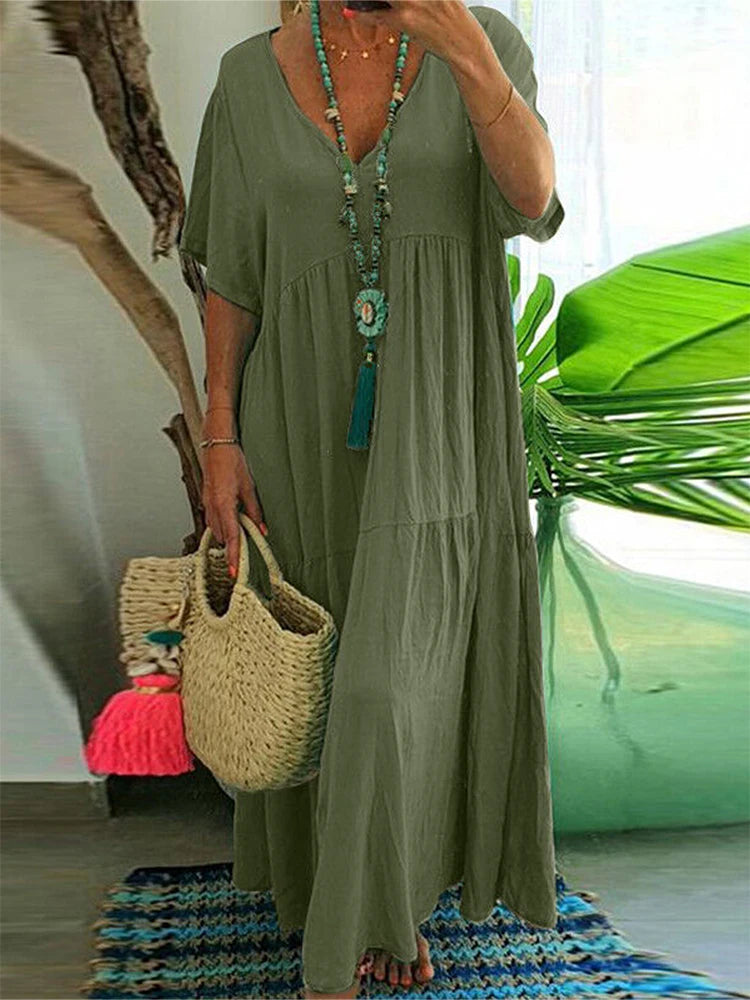 Plus Size 2025 Summer New V-neck Short Sleeve Pleated Solid Color Loose Casual Midi Dress Basic Hem Pleated