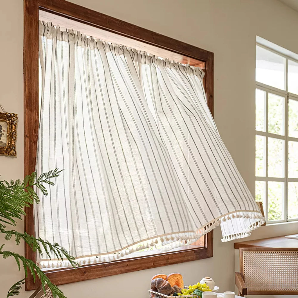 Japanese Style Linen Cotton Curtain, Tassel Fringe Pattern, Coffee Lace Curtains, Farmhouse Balcony Half Curtain, Korean Partiti