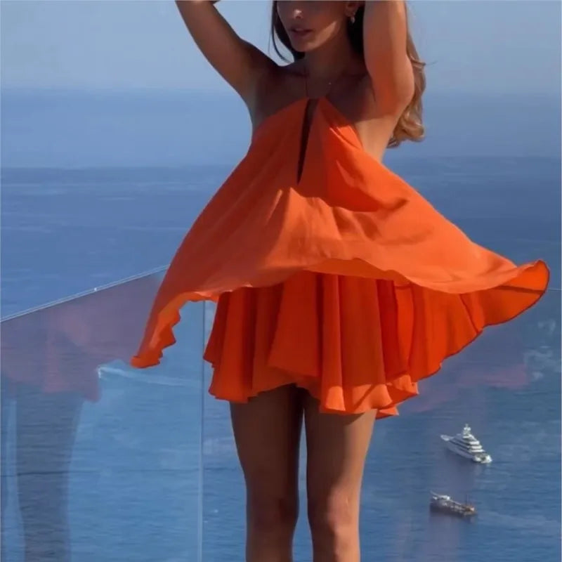 Sexy Off Shoulder Hanging Strap Loose Mini Dresses Sleeveless Hollow Out Deep V-neck Beach Dress Backless Women  Summer Vestidos
