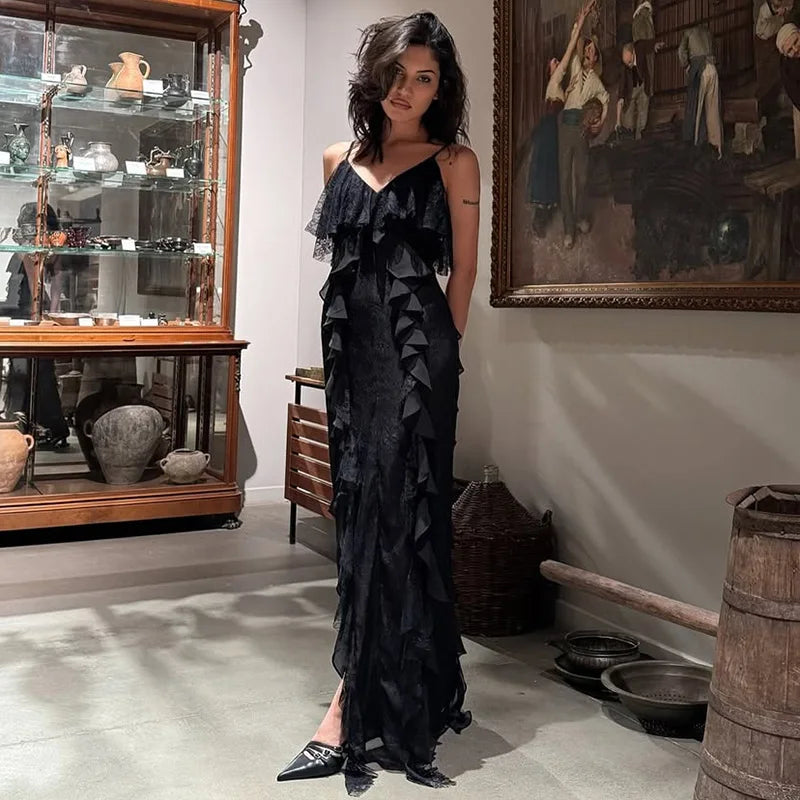 Tornova Fashion Ruffled Suspender Dress For Women Sexy Slit Slim Long Dress Sleeveless Lace Splice Summer Vacation Clothes Lady