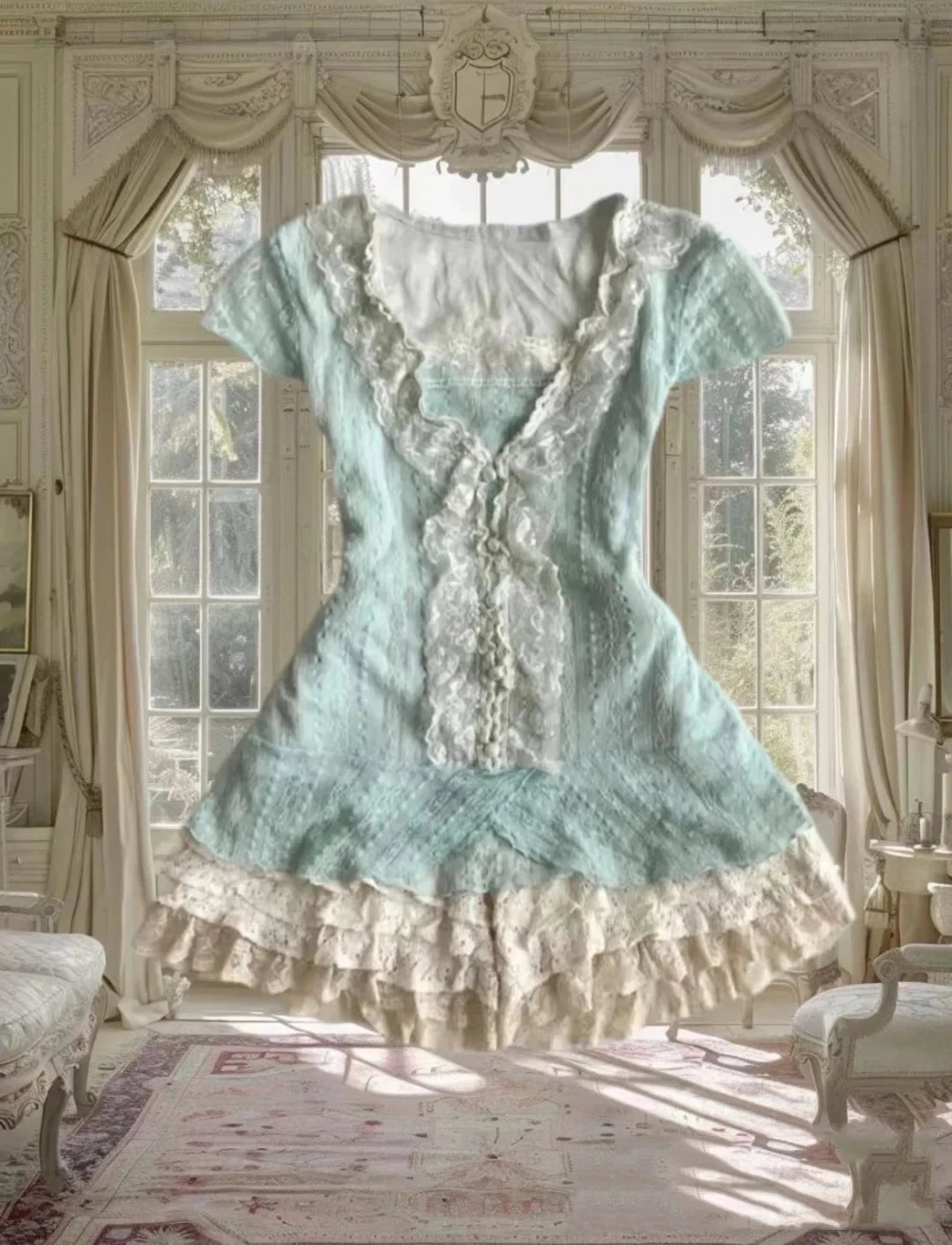 Lace 2-Piece Mini Dress Set – Sweet Vintage Square Neck Top & High Waist Ruffle Skirt