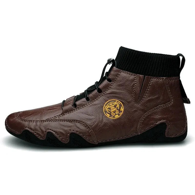 Men's Genuine Leather Ankle Boots - Elastic Band Round Toe Business Casual Handmade