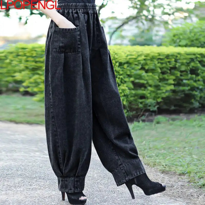 Pleated Wide Leg Pants – High Waist Elastic Casual Vintage