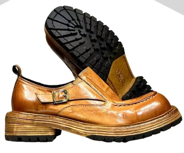 Men's Glazed Leather Monk Strap Loafers - Square Toe Slip-On Dress Shoes