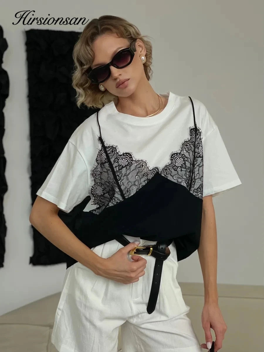 Hirsionsan Elegant Cotton T Shirt Women 2026 Summer Oversized Tee Casual Loose Lace Patchwork Tshirt Chic Vintage Female Tops