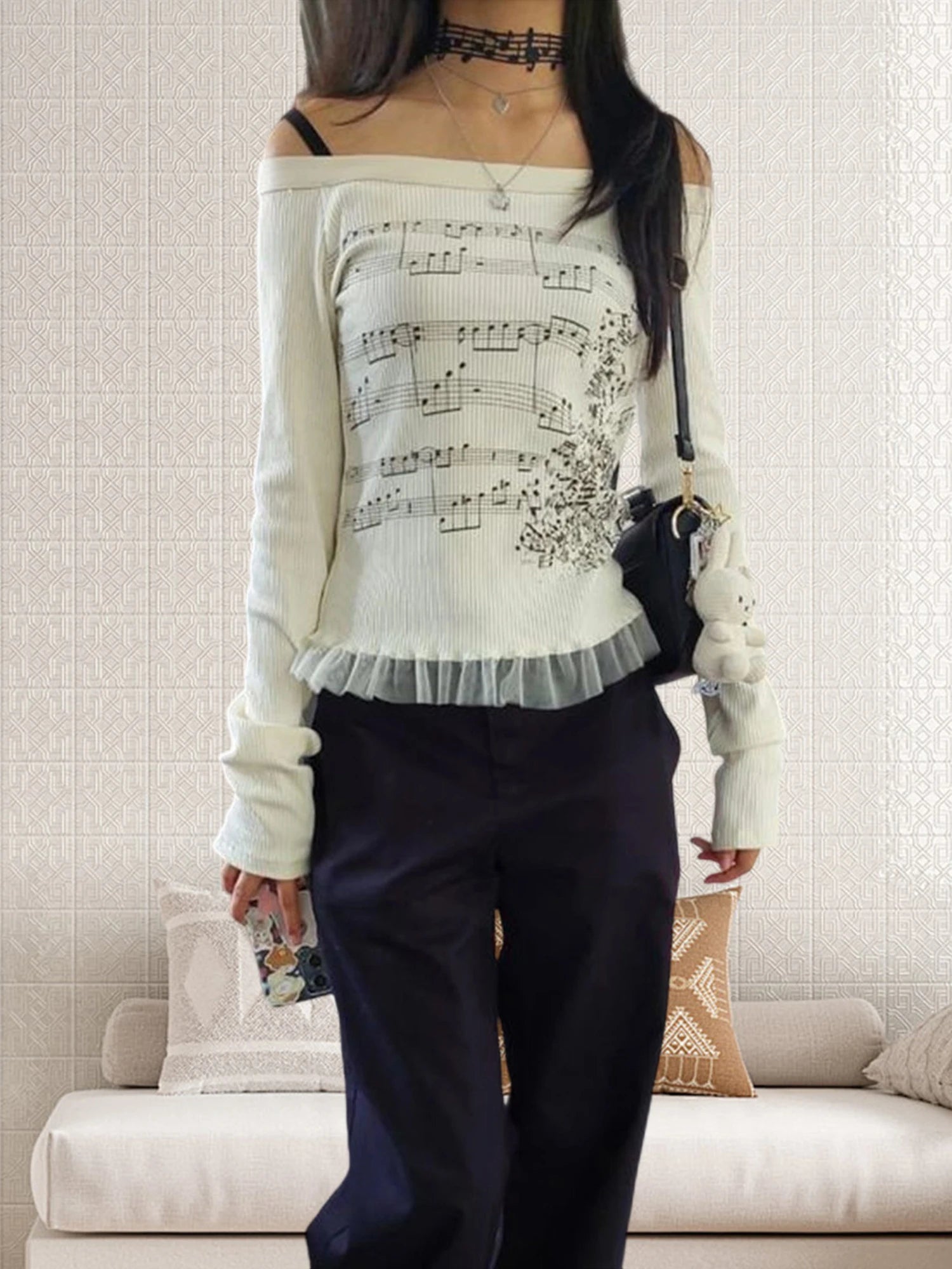 Women Y2K Graphic T-Shirts Long Sleeve Top Off Shoulder Music Score Tee Shirt Aesthetic Fairy T-Shirt Streetwear
