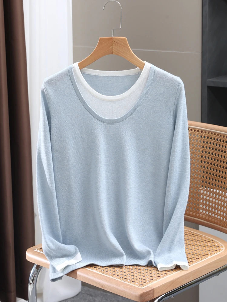 Casual Spring Autumn Women T-Shirts Merino Worsted Wool Female Knitted Pullover Long Sleeve Soft Clothing Tops Thin Outerwear